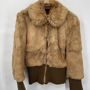 Fox Run Vtg Genuine Rabbit Fur Bomber Jacket Tan Brown Ribbed Knit XS 60s Retro